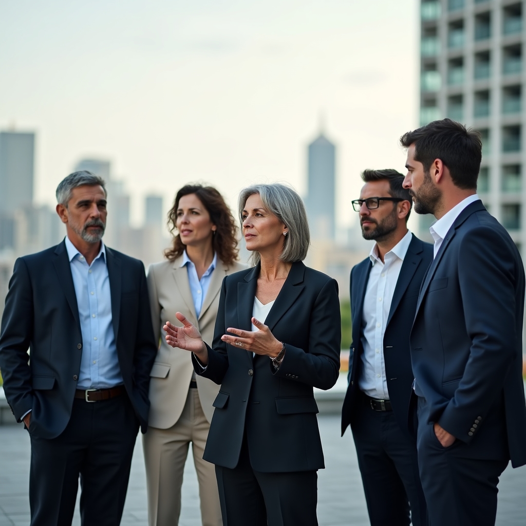 Group of senior professionals discussing leadership transition on an outdoor rooftop terrace