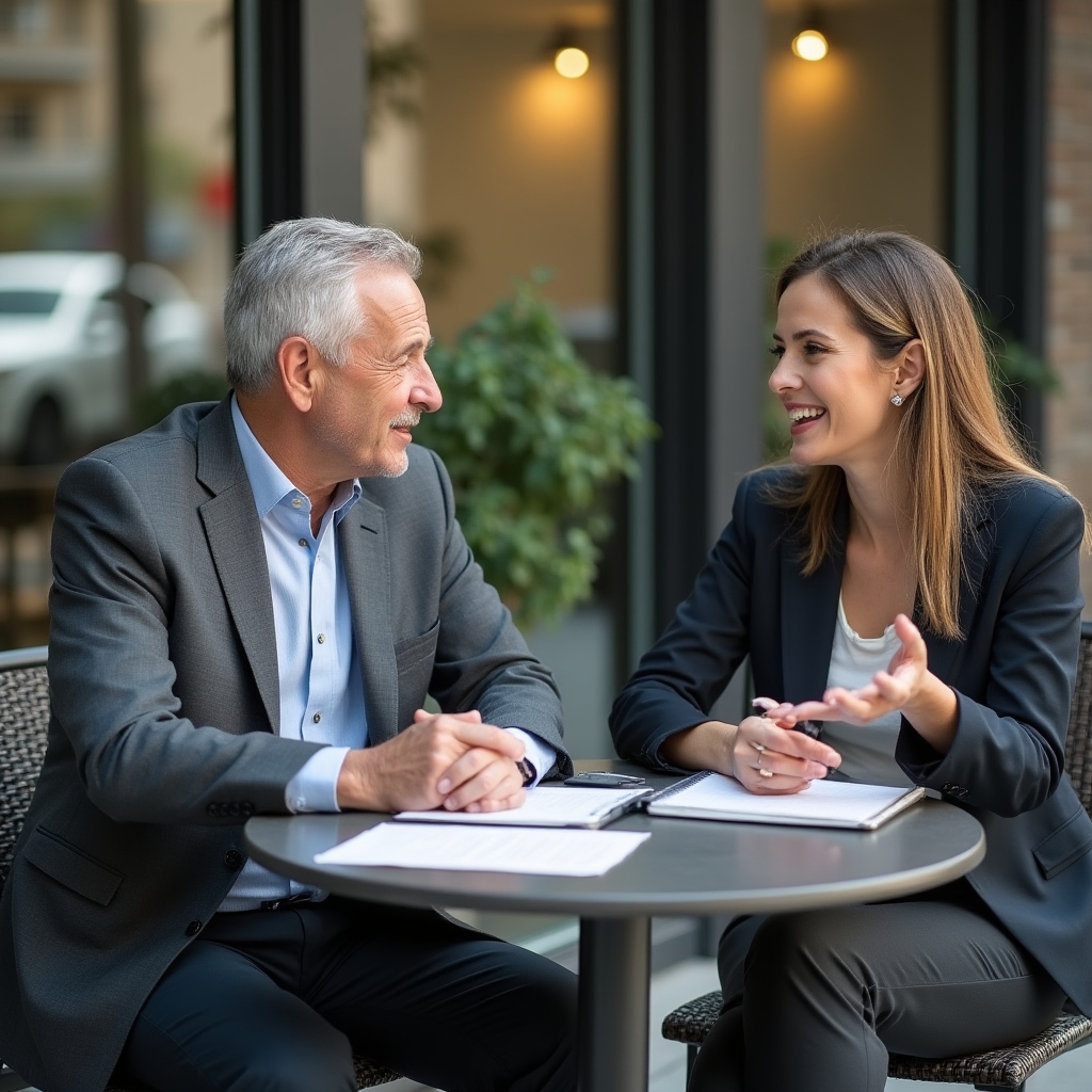 Two professionals in a one-on-one mentoring conversation outdoors near an office terrace