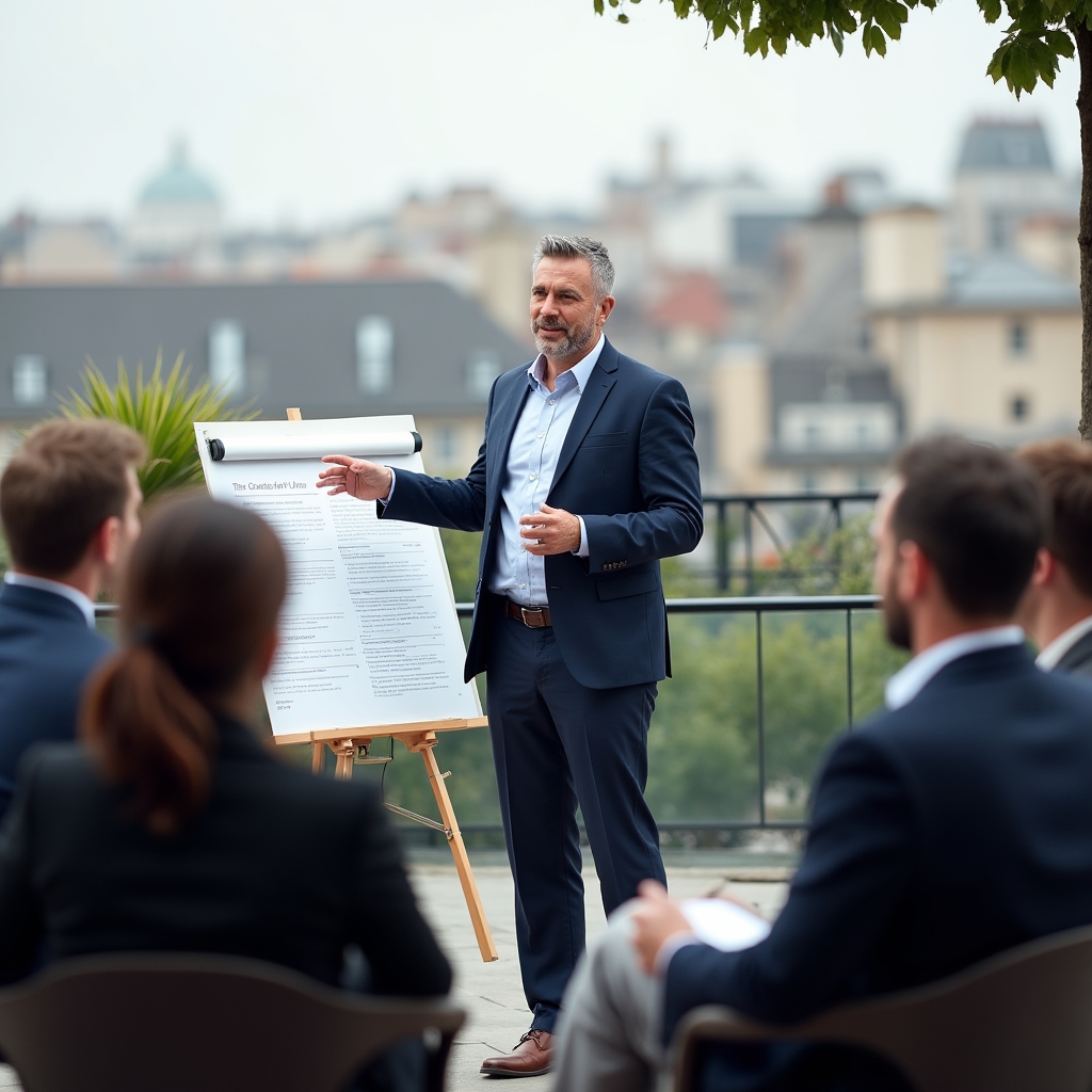 Presenter briefing attendees outdoors using printed session materials during a leadership webinar
