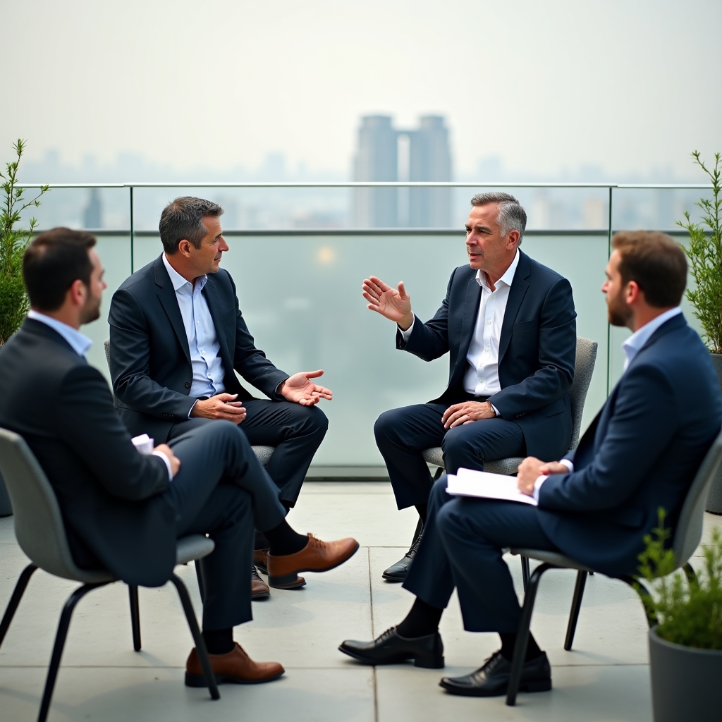 Executives in tailored business attire discussing leadership transition during a rooftop panel session