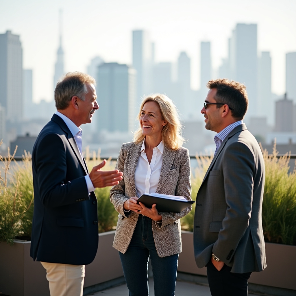 Small group of professionals in conversation on a terrace after a leadership webinar session
